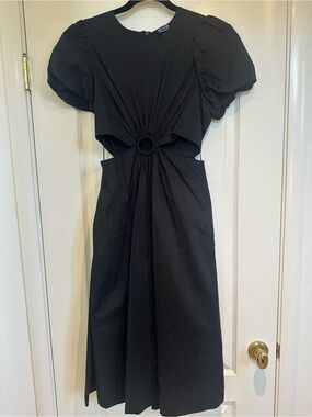 Black Puff-Sleeve Midi Dress with Front Ring Cutout